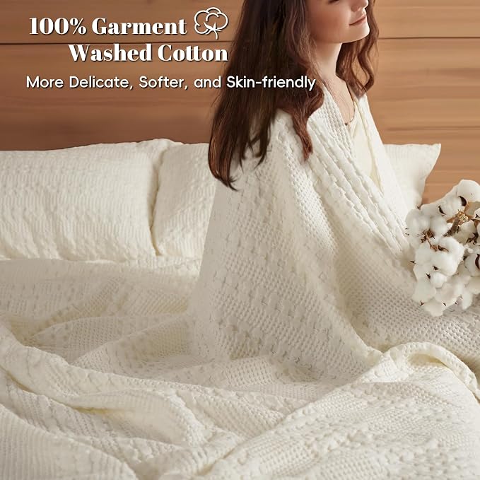 PHF 100% Cotton Waffle Blanket Queen Size for Bed, Lightweight Breathable and Soft for Summer, Luxury Aesthetic Waffle Weave Blanket for Home Decor & Gifts for Women, 90"x90", Ivory