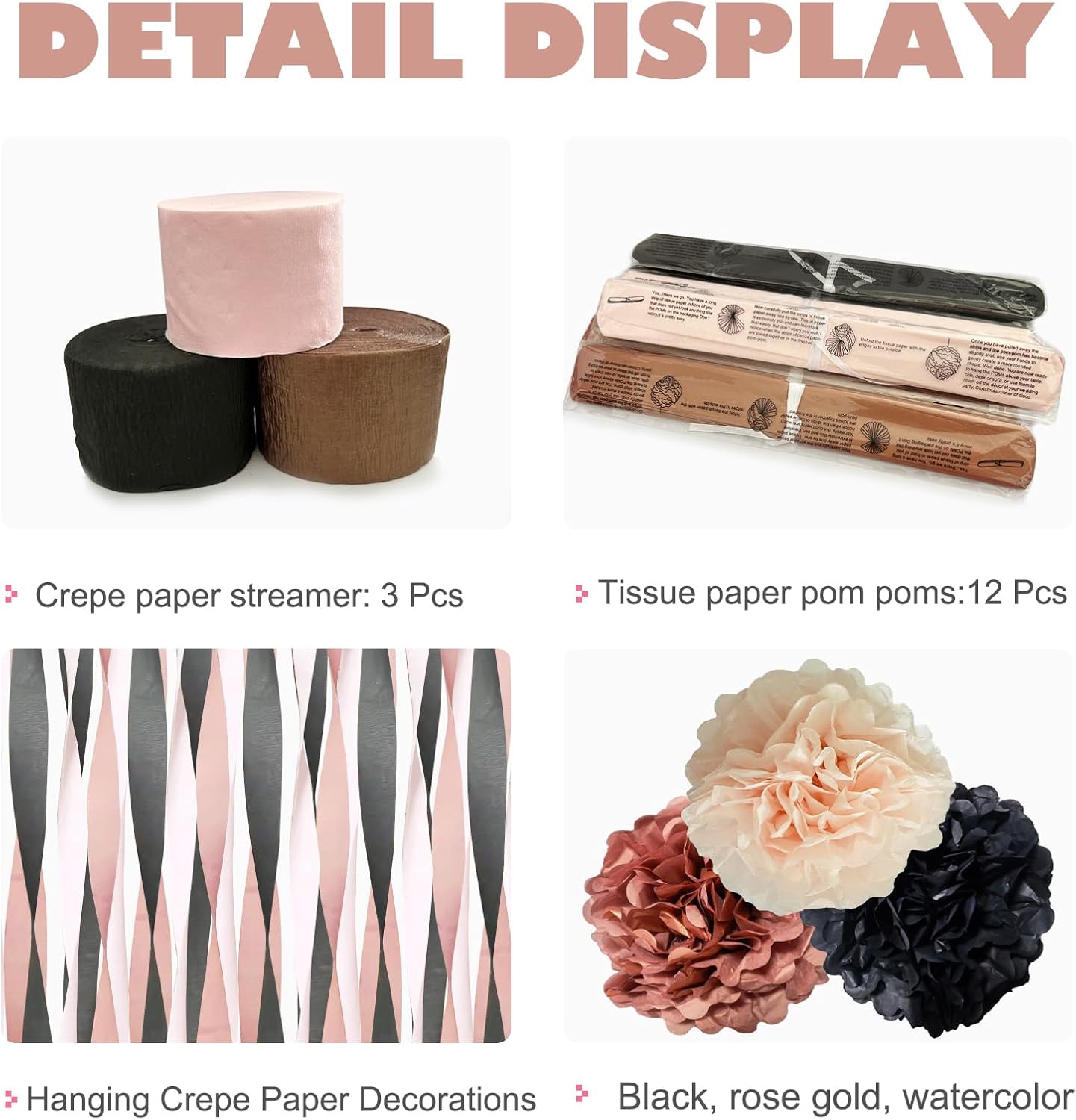 Black Pink Party Streamers Decorative Paper Pompoms for Sweet Cool Party Background, Birthday, Bachelor Party, Baby Shower, Ceiling Wall Hanging