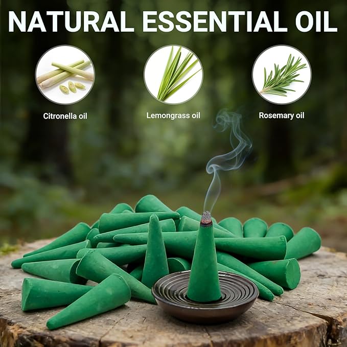 Citronella Incense Cones with 2 Ceramic Dishes | Made with Plant-Based Ingredients | Citronella | Lemongrass Oil | Rosemary Oil | Suitable for Indoor and Outdoor Use (65 Cones)