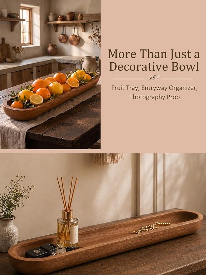Wooden Dough Bowls for Decor Approx 29 Inch, Large Long Wooden Bowl | Hand Carved Rustic Farmhouse Extra Long Tray for Table Centerpiece, Living Room, Home Decor, Candle Bowl