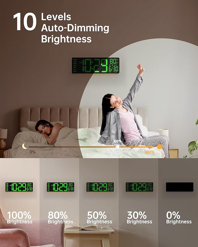 EASYERA 12" Digital Wall Clock for Classroom Livingroom Game Home Decor with LED Display RGB Lights, BIuetooth Sync, Dual Alarms, Auto DST, Countdown, Remote Control, Temperature