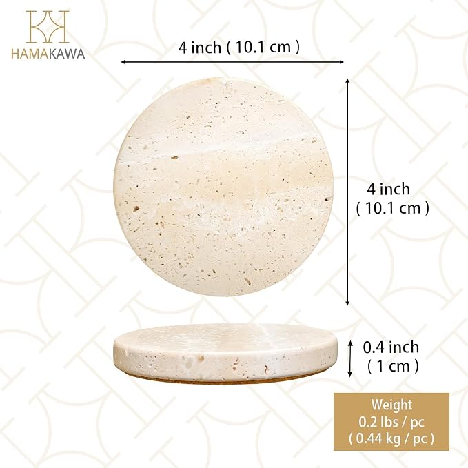 Turkish Natural Marble Coasters Set of 4, Round Travertine Coasters 4 inch, Beige Stone Drink Coaster for Home Decor, Coffee Table, Office