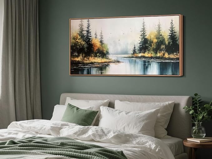 Arjun Forest Wall Art Canvas Landsacape Lake Painting Framed Large 58"x29" | Extra Large Wall Art for Living Room Bedroom Textured Lake Scenery Picture Artwork Dining Room Kitchen Home Office Wall Decor