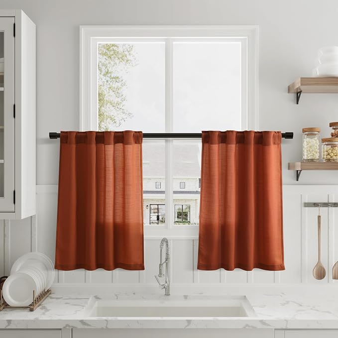 Terracotta Linen Kitchen Curtains 36 Inch Length 2 Pack Light Filtering Semi Industrial Style Transparent Linen Blend Short Drapes Back Tab Rod Pocket for Small Windows Cafe Bathroom Garage 26Wx36L