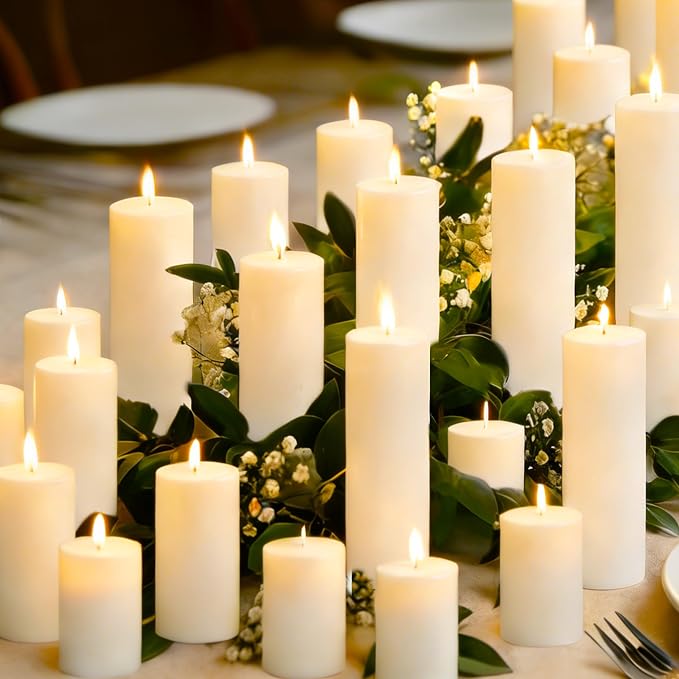 36 Pcs White Pillar Candles Bulk Set, 2x3” 2x4” 2x6” Paraffin Hurricane Candles, Unscented Dripless Smokeless, Long Burning for Party Wedding Events Home Decor
