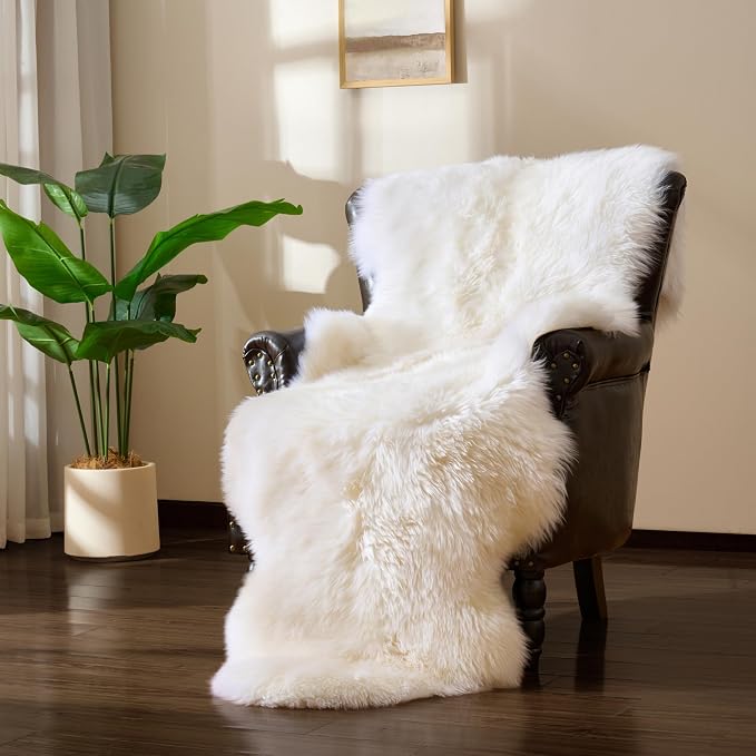 Premium Genuine Sheepskin Area Ruge - Real Wool Fur Shaggy Carpet | Fluffy Soft Natural Lambskin Rug Seat Chair Covers for Couch Sofa Bedroom Living Room(Ivory White,2×6 Feet Sheepskin)