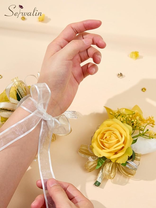 Serwalin Yellow Prom Corsage and Boutonniere Set, Artificial Calla Lily & Rose Wrist Corsage Wristlet for Homecoming, Formal Dance, Wedding Flowers Accessories Party Suit Decorations