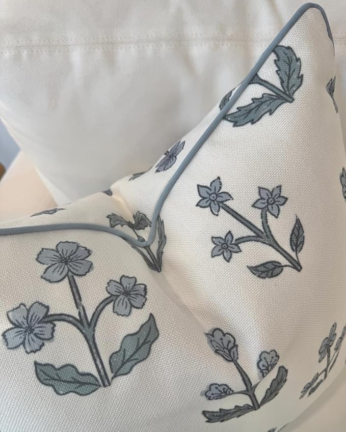 Jillien Harbor "The Bella” Floral Block Print Pillow Cover – Blue & White Decorative Throw Pillow Cover with White Background – Grandmillennial Home Decor, 20" x 20"