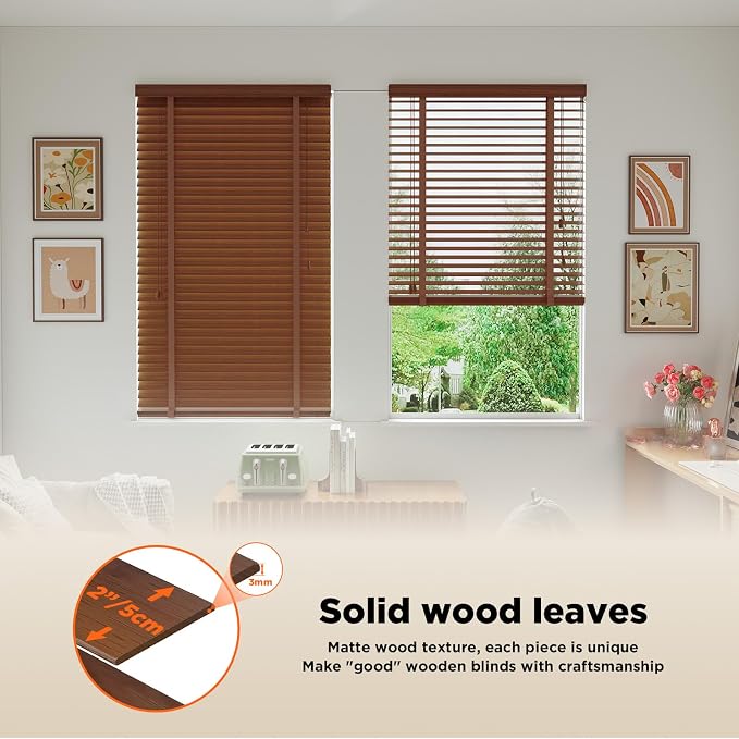 2" Slats Wood Blinds for Indoor Windows: Solid Wooden Blackout Blinds & Shades,Black Out Privacy Horizontal Blinds for Home Bedroom Bathroom Living Room Windows and Doors 25.5" WX64 H Brown