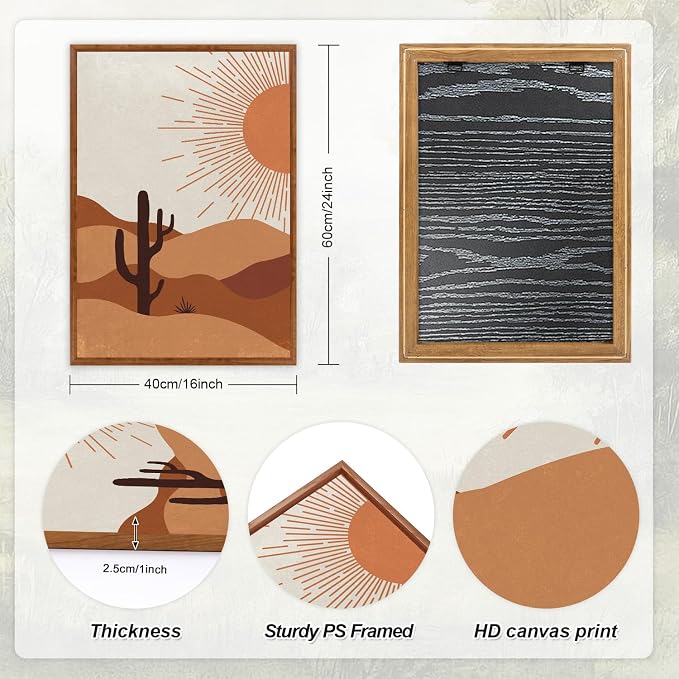LHIUEM Boho Cactus Desert Abstract Sun Moon Framed Canvas Wall Art | Vintage Landscape Painting,Mid Century Southwestern Artwork for Living Room,Bedroom,Dining Room -16"x24"x3