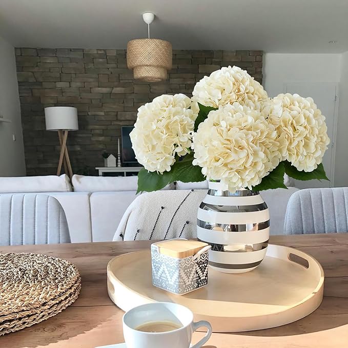 JINWOE Boho Silk Hydrangea Artificial Flowers, 4Pcs 22" Large Lifelike Flowers,Artificial Hydrangeas for Indoor Bouquet Table Centerpieces Home（Cream/Yellow）