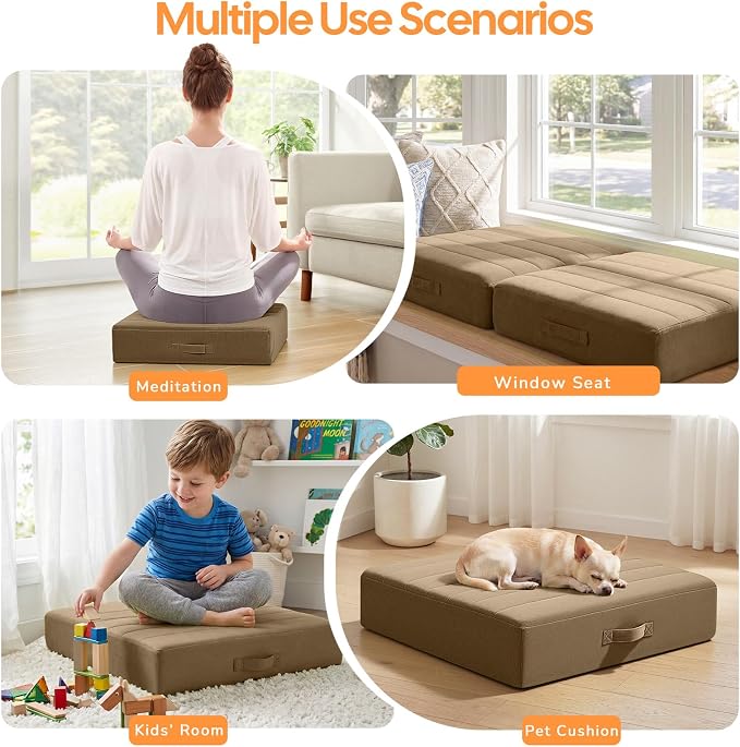 MeMoreCool Square Floor Pillow Seating for Adults Kids, Large Meditation Cushion Floor Pillow with Thick Foam & Soft Tufted Cover, Washable Big Pillow Seat Floor Cushion for Sitting Yoga 22" Coffee
