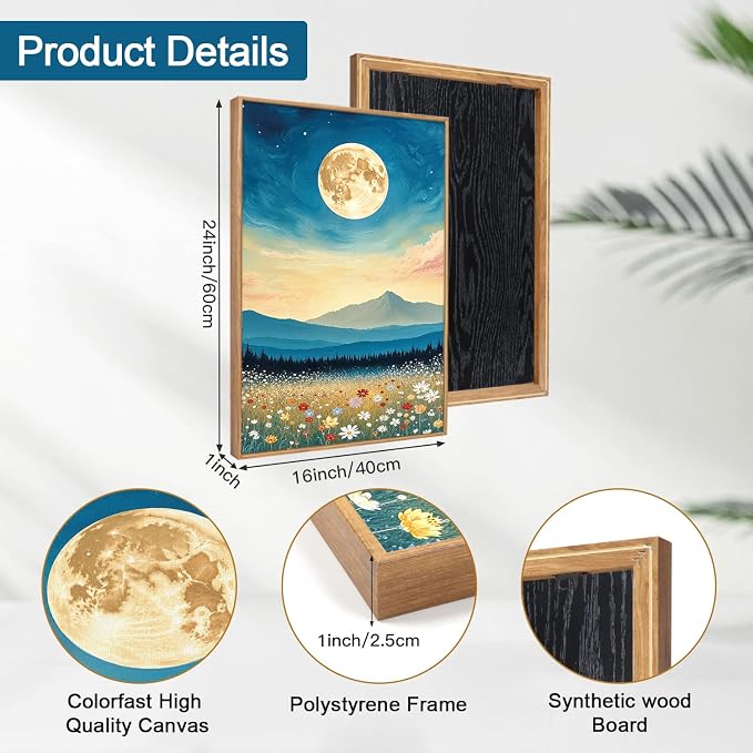 HOURIA 3Pcs Nature Mountain Forest Landscape Canvas Wall Art (16"x24"), Abstract Mystical Moonlight Wildflowers Wall Decor,Framed Colorful Wilderness Field Botanical Art Print for Bedroom Office Living Room Farmhouse