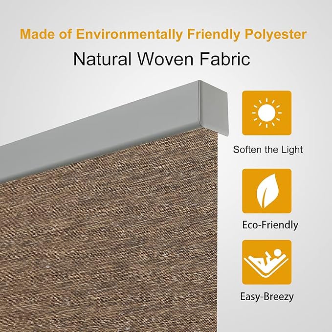 Persilux Cordless Roller Blinds - Light Filtering, Free-Stop, Thermal Insulation for Windows (Brown, 32" W x 72" H) Natural Woven Fabric Privacy Shades for Home, Office