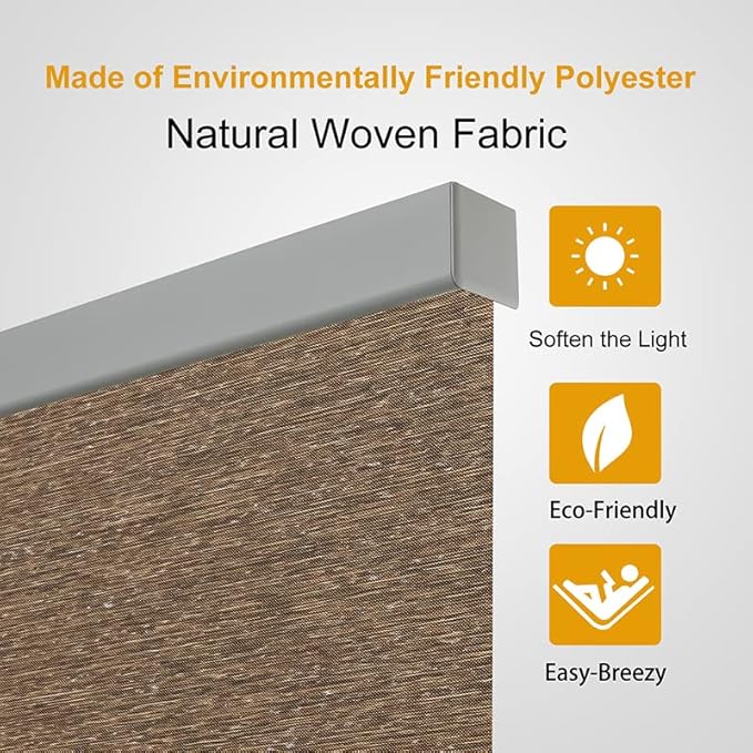 Persilux Free-Stop Cordless Window Shades Light Filtering Roller Shades for Windows (Brown 27" W x 72" H) Natural Woven UV Protection Privacy Roller Blinds for Windows, Home, Kitchen, Office, Door