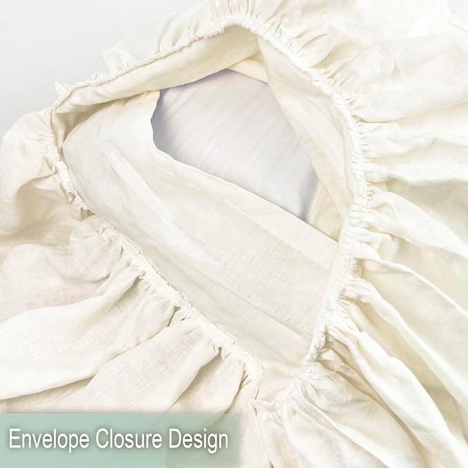 Ruffles Linen Pillowcase, 100% French Linen Pillow Cover, 20x30'' Queen Size Shabby Chic Ivory Pillow Shams, with Envelope Closure (Queen, Ivory, 1 PCS)