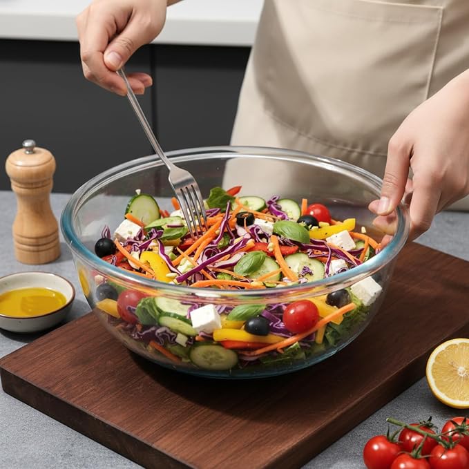 6.5Qt Extra Large Glass Mixing Bowl with Lid, Clear Large Salad Bowls with Airtight Bamboo Lid & Handle,Thickened Glass Big Mixing Bowls Cooking Bowl for Food Prep, Kitchen,Dinner, Borosilicate Glass