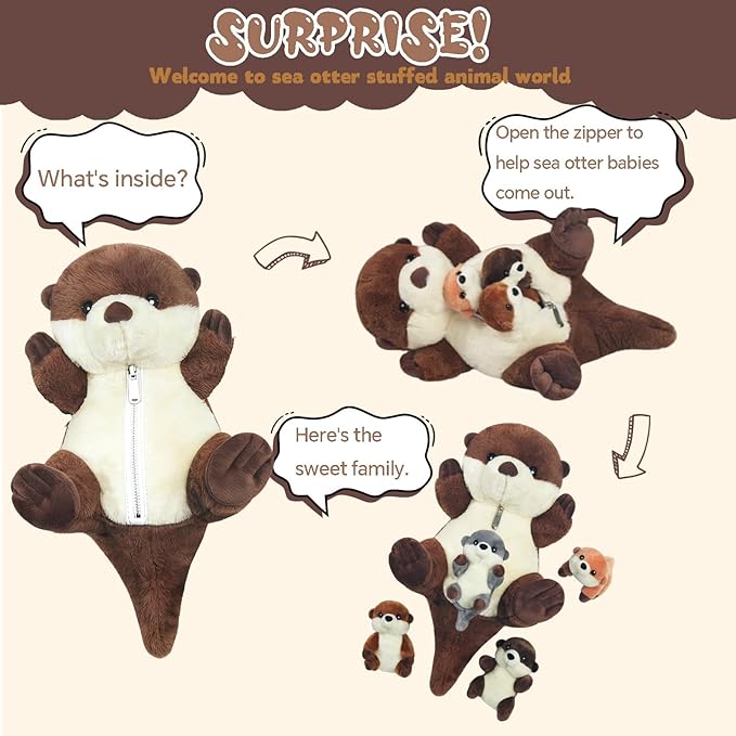 5 PCS Sea Otter Stuffed Animals, Large Mommy Otter Plush with 4 Babies Stuffed Otters Inside, Soft Cuddly Otter Plushies Pillow Toy Gift for Kids Easter Birthday Christmas Ocean Party