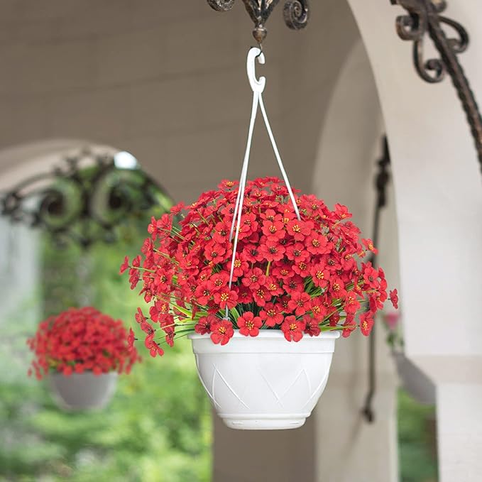 Ouddy Decor 24 Bundles Artificial Flowers for Decorations Fake Silk Plants for Outdoors UV Resistant Faux Plastic Greenery Stems for Garden Porch Window Box Home Spring Decor, Red