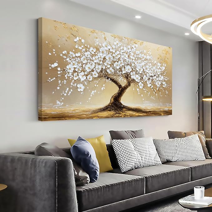 Ggaafet White FLower Tree Wall Art for Living Room Canvas Oil Painting Prints Beautiful Gold Floral Blooming Art Deco Modern Artwork Office Bedroom Family Dining Room Decor Large