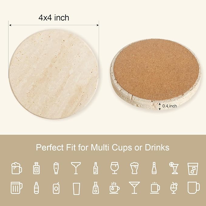 Natural Travertine Marble Coasters Set of 6-4" Round Stone Drink Coasters, Non-Slip Cork Backing, Festival Gifts, Wedding, Protect Tables from Stains & Scratches.