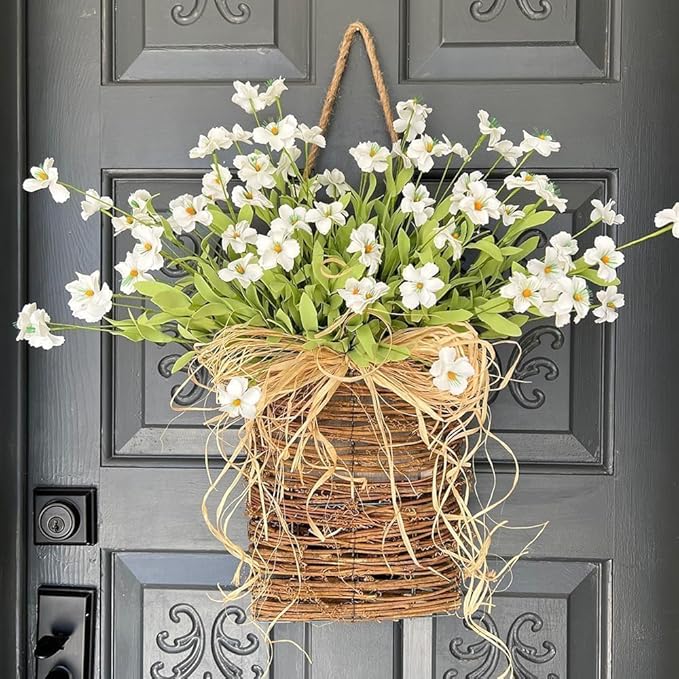 2026 Cream Hydrangea Door Hanger Basket Wreath, Spring Summer Wreaths for Front Door Wildflowers Wreath Artificial Flower Hanging Basket for Home Farmhouse Seasonal Decor (E)