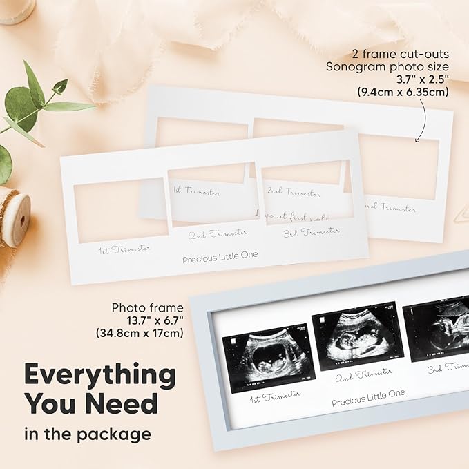 Keababies Sonogram Picture Frame and First 5 Years Baby Memory Book Journal - Trio Ultrasound Picture Frames For Mom To Be Gift - 90 Pages Hardcover First Year Keepsake Milestone Baby Book