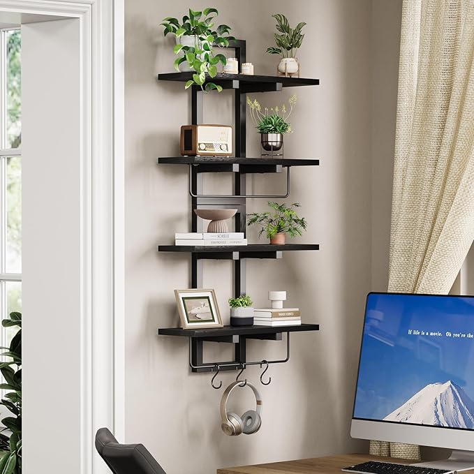 Creso hom Floating Shelves, 15" Wall Shelf Set of 2, Hanging Bathroom Shelves 2-Tier, Wall Mounted Storage Shelves, for Living Room Bedroom Bathroom Kitchen Office Coffee Bar, Black