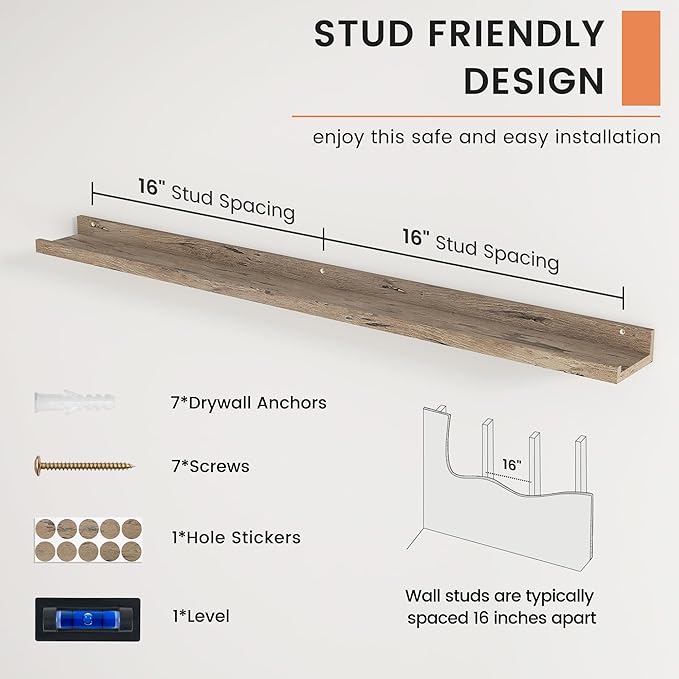 FLYJOE Picture Ledge Shelf, Floating Shelves Set of 2, 48 Inches Long Large Nursery Book Shelves for Toys Storage, Kids Bookshelf Wall Mounted for Living Room Bedroom Decor Books Photo Frames,Grey