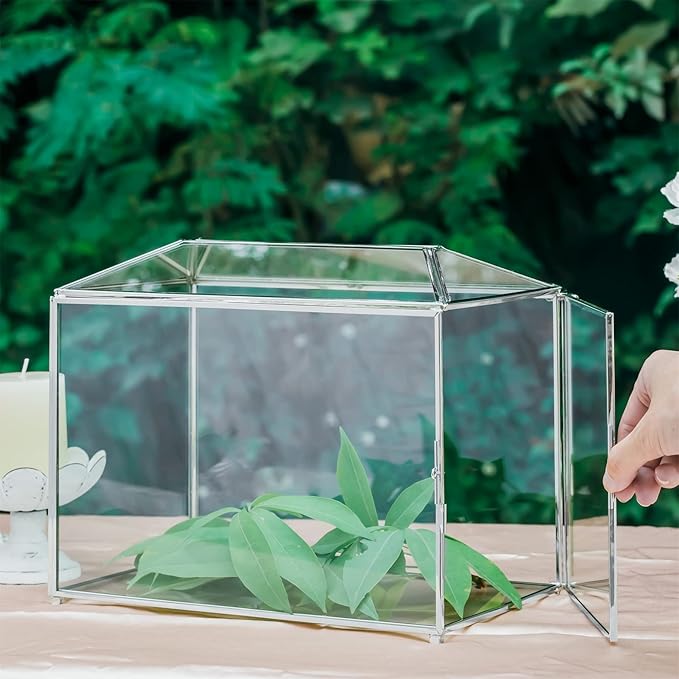 NCYP Small 10.2 x 5.9 x 7.9 Inches Silver Glass Cards Box with Slot and Lock for Wedding, Birthday Party - Geometric Card Holder, Home Decorative, Slot Length 6.3'' (Glass Box Only)
