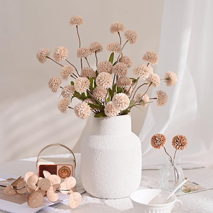 Waipfaru 10pcs Fake Silk Pompon Mum Artificial Flowers, Bulk Faux Mini Chrysanthemums, for Centerpieces Wedding Fillers Champagne Arrangements Boho Decor, No vase, Beige