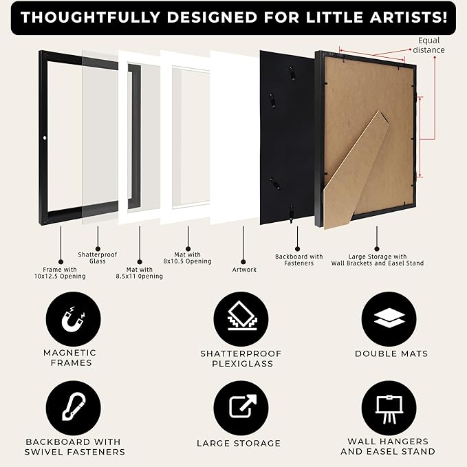 2-Pack Kids Artwork Frames Changeable 10x12.5 with Easel Stands, Hangers, Backboards, Shatterproof Plexiglass | 2 Mats Fit 9x12, 8.5x11, A4 Paper Sizes | Large and Easy-Access Kids Art Frame Display and Storage for up to 100 Sheets (Gold)