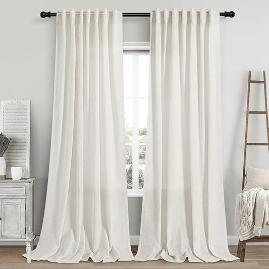Nanspring Extra Long Curtains 2 Panels 104 Inches Long for Dinning Room Cream Back Tab Rod Pocket Light Filtering Semi Sheer Drapes Cotton Linen Textured Window Curtain for Bedroom 52x104