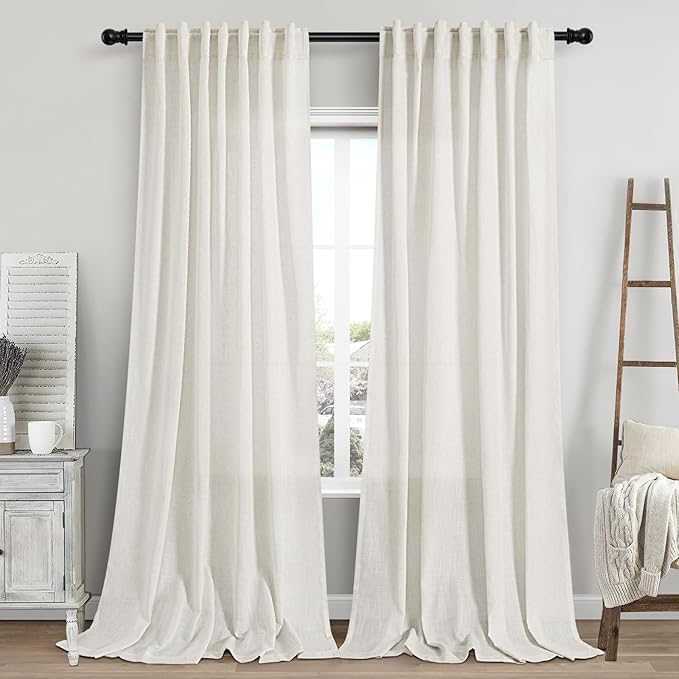 Cream Linen Curtains 117 Inches Long for Living Room Extra Long Back Tab Curtains Neutral Farmhouse Light Filtering Semi Sheer Linen Drapes Ceiling to Floor for Large Window 2 Panels Set 52x117