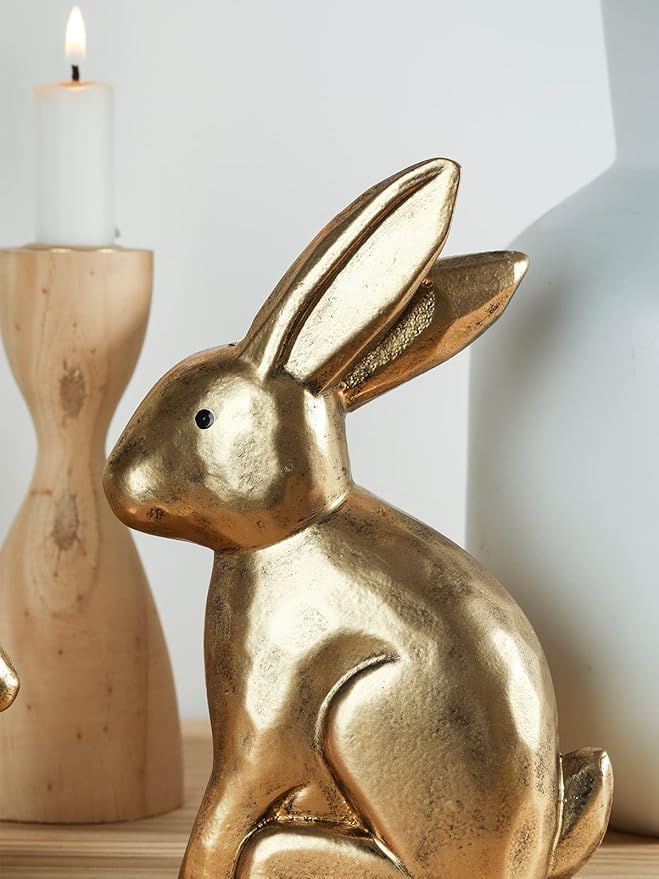 DN DECONATION Golden Bunny Figurines, Wooden Bunny Decor, Small Easter Rabbit Statue Set of 2, Vintage Easter Decorations, Bunny Decorations for Home, Spring Decor, Gift