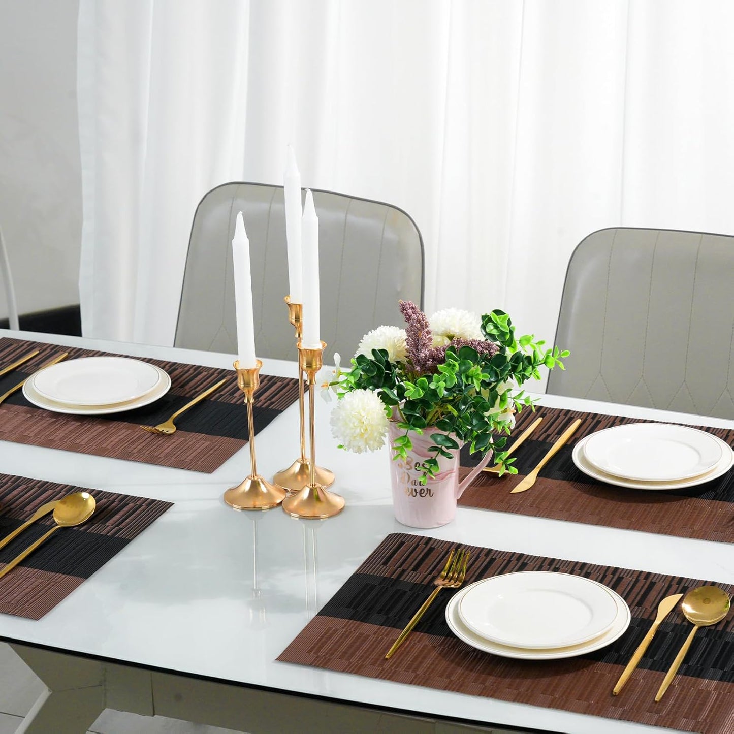 Placemats Set of 6，Non-Slip PVC Weave Table Mats Easy to Clean，Heat Resistant Place Mats for Kitchen Dining Table Decoration Indoor Outdoor，Black Brown