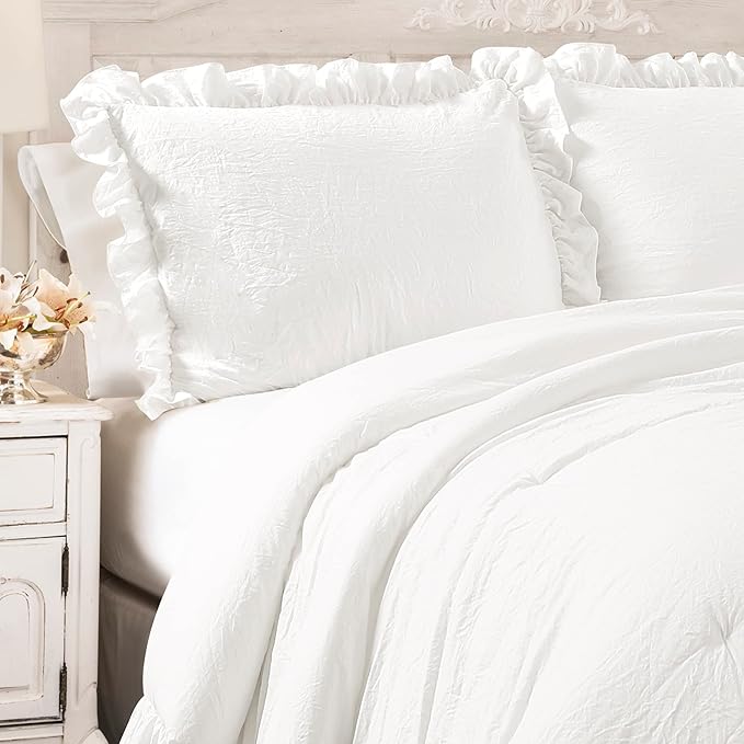 Lush Decor Reyna Ruffle Comforter Set - 3 Piece Full/Queen Size Ruffle Comforter Set - Elegance for Bedroom - Full/Queen, Pure White