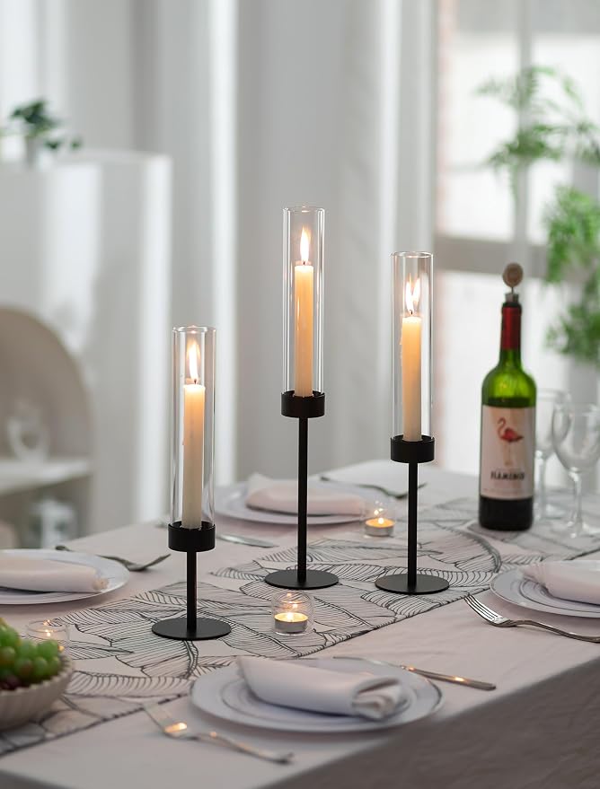 Romadedi Black Candlestick Holders Hurricane - Metal Taper Candle Holder Tall Windproof Glass Cylinder for Indoor Outdoor Table Centerpiece Christmas Halloween Modern Home Decor Set of 3
