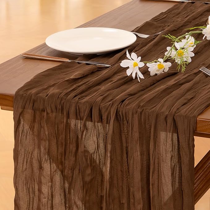 Socomi 3pcs Brown Coffee Easter Spring Cheesecloth Table Runner Boho Rustic Gauze 120 inch 10FT Cheese Cloth Runner for Wedding Party Baby Shower Birthday Home Decor Holiday Decorations
