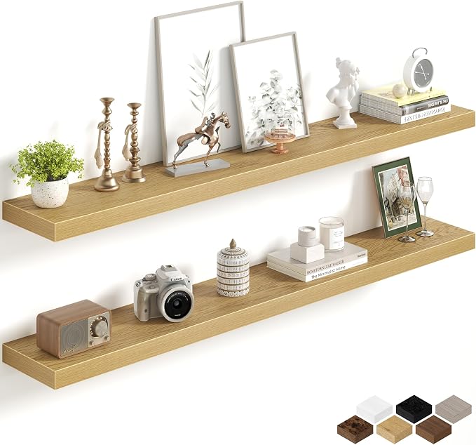 Fun Memories 55Inch Long Floating Shelves, 8 Inch Deep Shelves for Bedroom|Living Room, Wall Mounted Wood Hanging Shelf with Invisible Brackets for Fireplace Mantel Home Storage Decor, Oak - 2 Pack