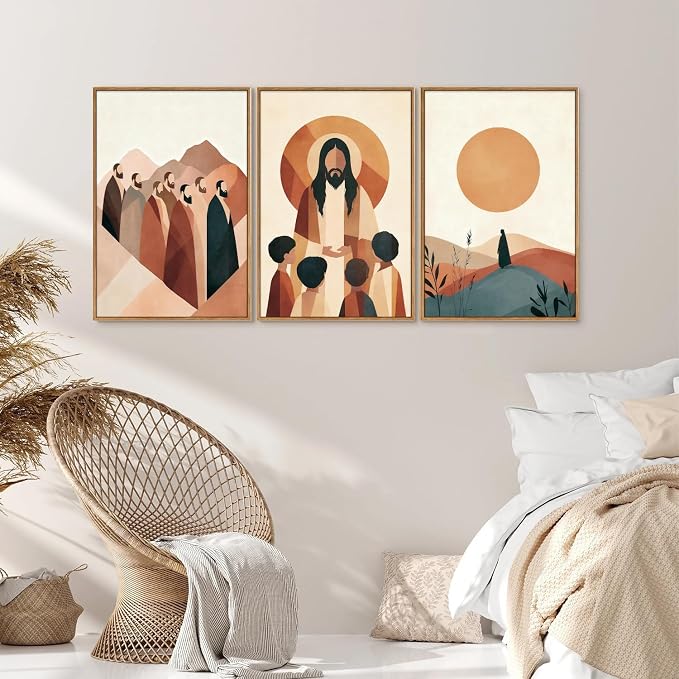 KYLESONLIE Large Jesus and Disciples Framed Canvas Wall Art Set, Boho Christian Bible Posters Wall Decor, Minimalist Religious Faith Art Paintings for Living Room Bedroom Dining Room Church 16"x24"x3