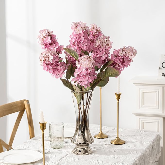 Ttranewsoo Hydrangea Artificial Flowers ,Fall Hydrangeas Artificial Flowers, Fake Fall Dried Hydrangea Decoration,Faux Silk Flower With Stems Winter Decor Indoor and outdoor(Pink 24"8pcs) Without Vase