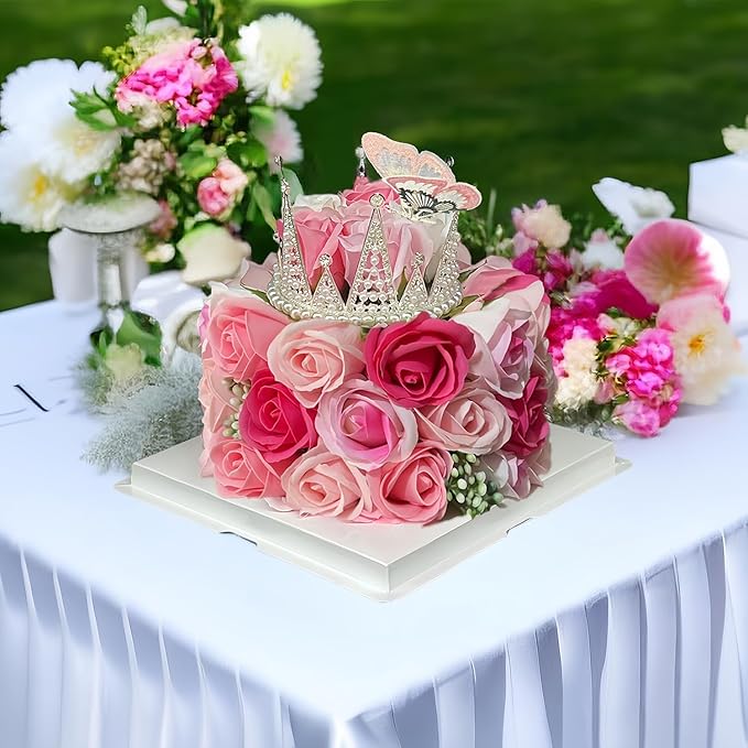 Eightown Forever Cake with Pink Preserved Flowers - Bouquet Preserved Roses for Women - Birthday Gift for Her with Crown (Hotpink & butterfly)