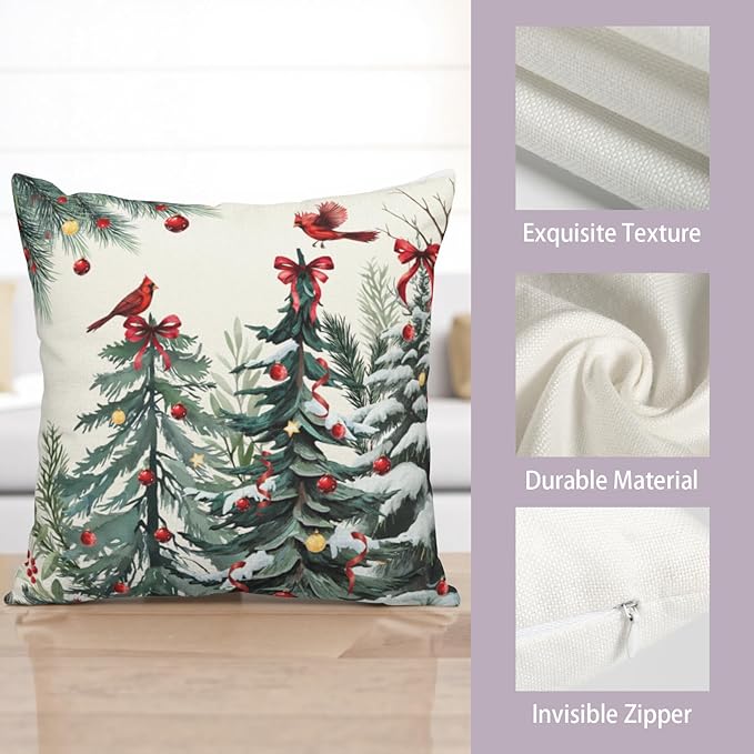 Set of 2 Christmas Tree Pillow Covers Snowy Pine Throw Pillow Covers 24x24 Green Xmas Tree Cardinal Bird Pillowcase Winter Holiday Cushion Case for Home Decor Couch Sofa