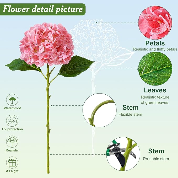 4 Pcs Artificial Hydrangea Silk Flowers with Stems, 19.7" Pink Faux Hydrangeas Bouquet, 240 Petals, UV Resistant & Waterproof Fake Flower for Outdoor Wedding Home Decor