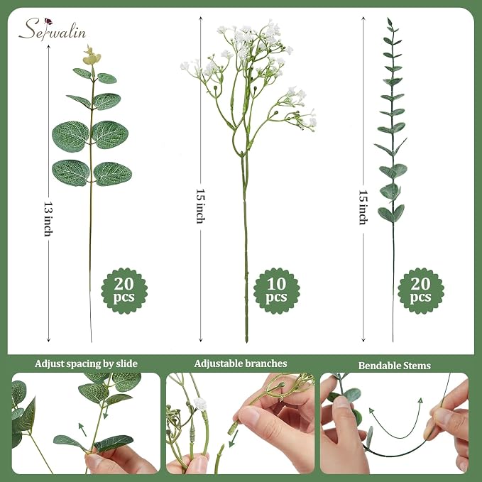 Serwalin 50Pcs Mixed Eucalyptus Greenery Stems 3 Kinds,Baby Breath Flowers Artificial Bulk with Faux Eucalyptus Stems Fake Greenery for DIY Bouquets Wedding Floral Arrangement Home Decor