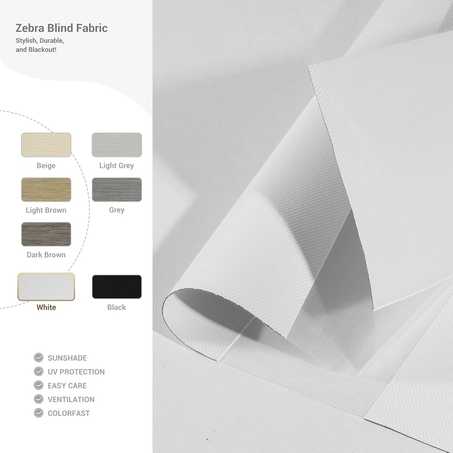 Cordless Zebra Blinds for Windows, Blackout Interior Blinds,Easy to Install,UV Protection,for Offices and Home,Custom Roller Shades, Solid White, 48" W x 64" H