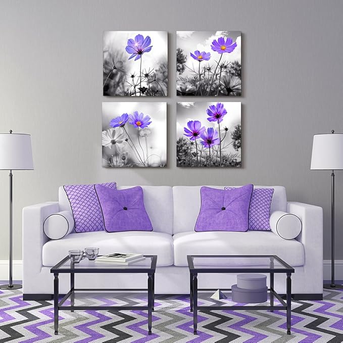 wall art for living room Black and White purple flower Big Canvas Prints Wall Decor Artwork 16" x 16" 4 Pieces Framed Black Border Ready to Hang for bedroom kitchen Home Decoration with office