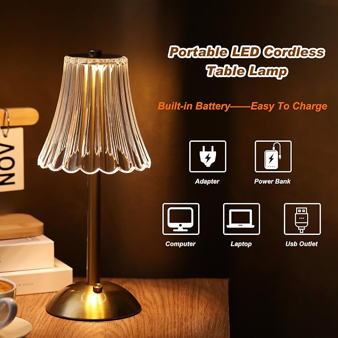 Liliful 2 Pcs Cordless Table Lamp Rechargeable Touch LED Small Gold Portable Battery Operated USB-c Desk Lamp 3 Color Dimmable for Bedroom Living Room Dining (Gold,Rose Style)