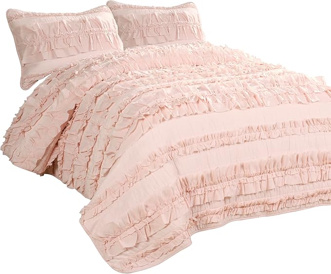 Lush Décor Belle 3 Piece Ruffled Quilt - Pink Blush - Full/Queen Quilt Set